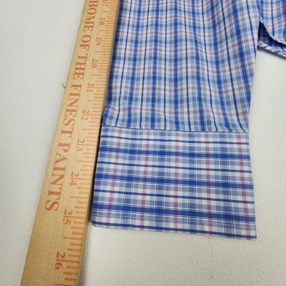 Banana Republic Mens M 15 15.5 Blue Pink Plaid Non Iron Slim Fit Dress Shirt